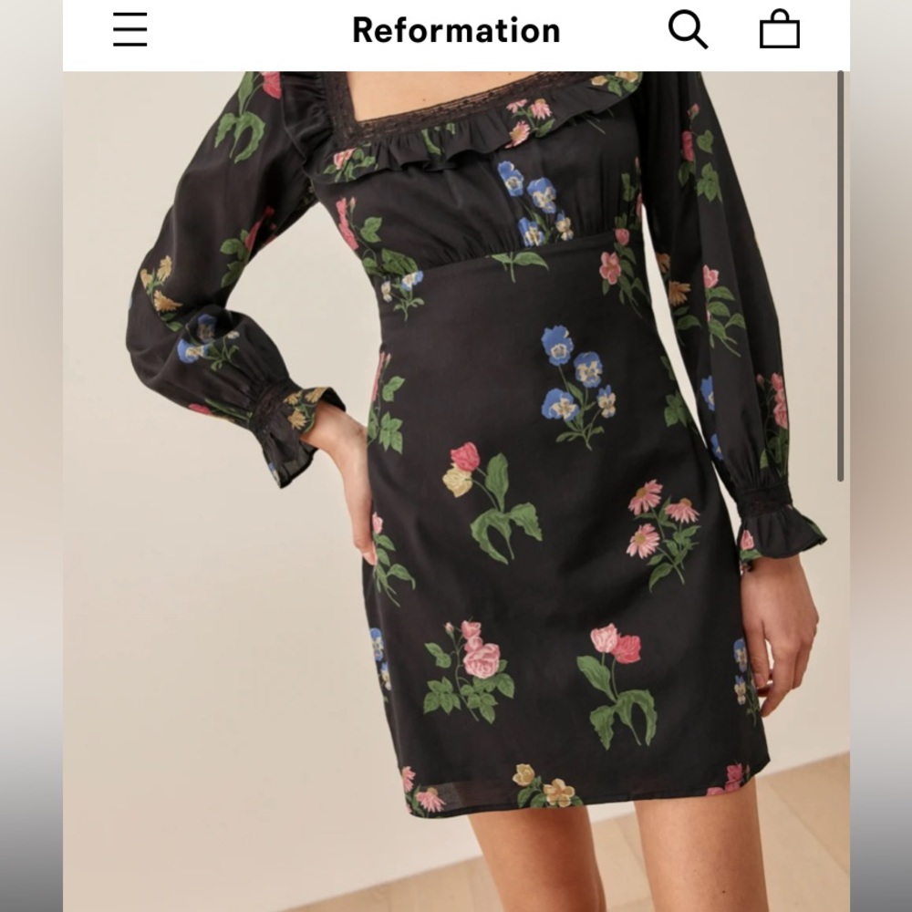 Reformation Black Mini Dress with Pink, Blue & Green Floral Motif